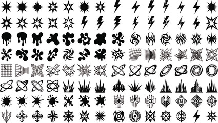 Y2K aesthetic graphic design elements mega pack with brutalist shapes chrome stars lightning bolts tribal tattoos and abstract liquid splatters vector illustration © Abul