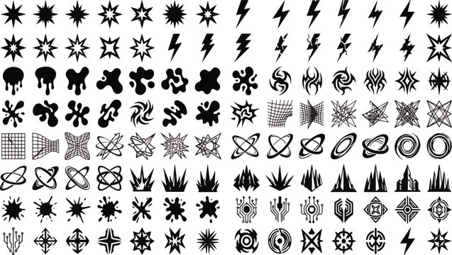 Y2K aesthetic graphic design elements mega pack with brutalist shapes chrome stars lightning bolts tribal tattoos and abstract liquid splatters vector illustration