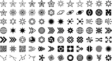 Obraz premium Abstract futuristic techno symbols geometric shapes network constellations cosmic stars science and technology elements graphics bundle digital asset vector illustration
