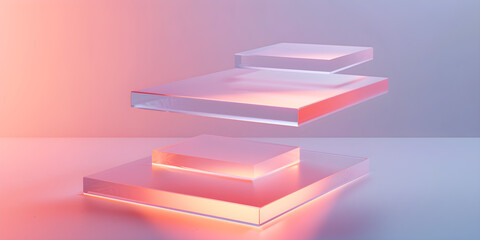 Fototapeta premium Stacked translucent geometric shapes with glowing edges form a modern layered design composition.