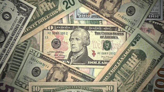 Stop Motion of US Dollar bills banknotes. Ten Dollars on close-up. Finance Business concept animation.