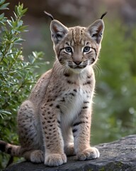 Obraz premium A metallic eurasian lynx kitten, digitally created fantasy animal, generative ai, in a cosmic shimmer canyon