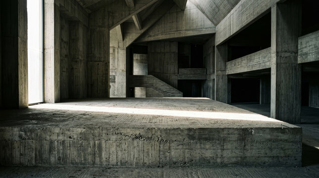 An expansive concrete interior with dramatic light contrasts, showcasing bold architectural lines and an unconventional layout.