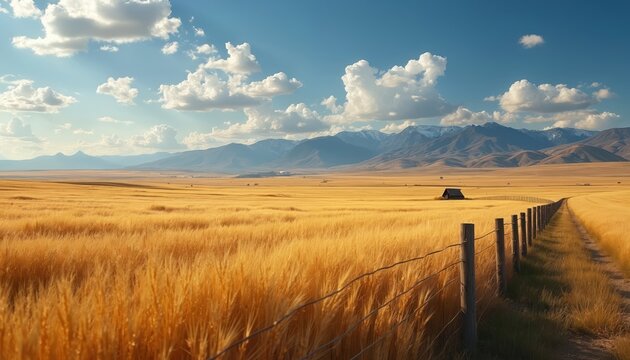 Golden wheat field stretches towards hazy mountains under a vast blue sky with fluffy clouds. A dirt road follows a wooden fence past a solitary barn.