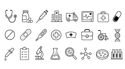 Naklejka premium Drug Discovery Medical Research Icons Set - 24 Modern Line Icons Collection for Web, Mobile App, Dashboard and Business UI Design