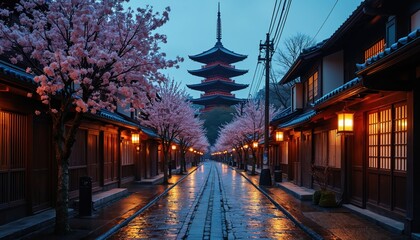Fototapeta premium Traditional Japanese street lined with wooden houses, cherry blossoms leads to ancient pagoda. Wet cobblestone path reflects warm lantern light under twilight sky. Spring evening in historic Asian