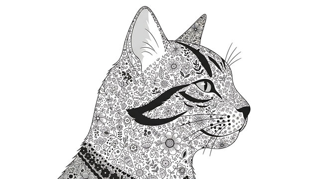 Floral patterned cat head profile isolated on a transparent background