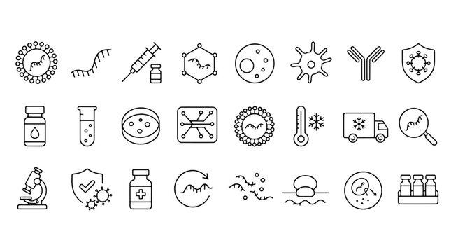 MRNA Vaccine Messenger RNA Icons Set - 24 Modern Line Icons Collection for Web, Mobile App, Dashboard and Business UI Design