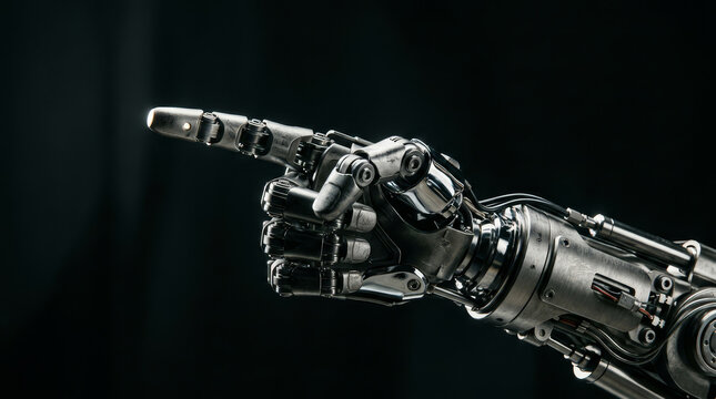 A futuristic robotic hand extends its index finger, showcasing intricate metallic details against a dark backdrop, symbolizing advanced technology.