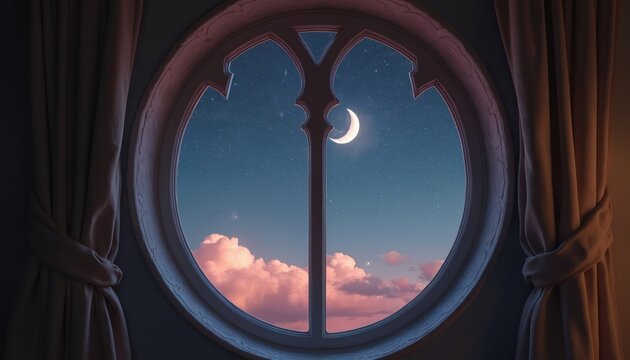 Round ornate window frames crescent moon and starry night sky over soft pink clouds. Curtains frame view from indoors looking out at dreamy twilight scene.