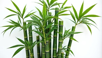 Fototapeta premium Green bamboo stalks with leaves grow in a bright studio. Tall fresh stems have segmented texture. Minimalist plant composition on clean white background.