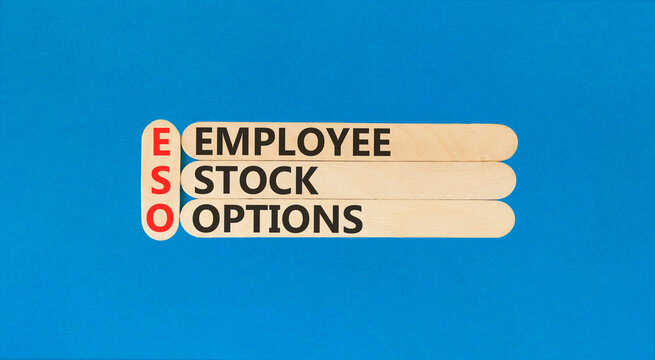 ESO employee stock options symbol. Concept words ESO employee stock options on beautiful wooden sticks. Beautiful blue background. Business ESO employee stock options concept. Copy space.