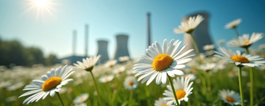 Field of white daisies bloom under sun near industrial plant cooling towers. Clear sky contrasts nature with manufacturing. Hope and progress coexist in landscape.