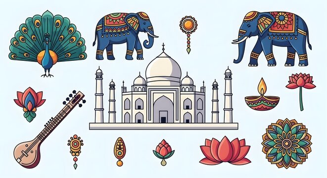 A vibrant collection of Indian cultural symbols including the Taj Mahal, elephants, peacocks, lotuses, and traditional musical instruments