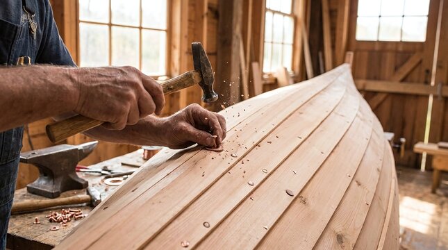 A craftsman hammers nails into a wooden boat hull in a workshop with tools and windows RJ_E4G9C1_VF