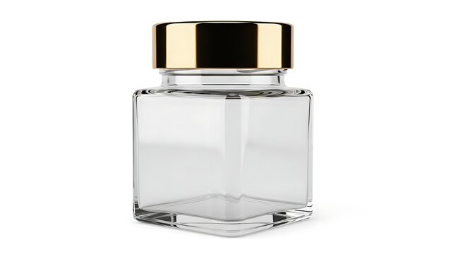 A small clear glass jar with a gold lid