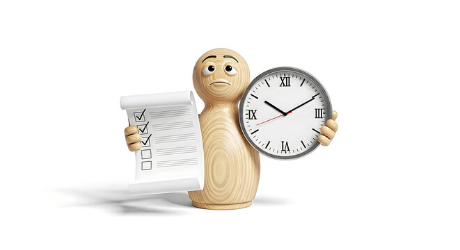 Project deadline management concept with wooden figure holding checklist and clock for business productivity blog banner
