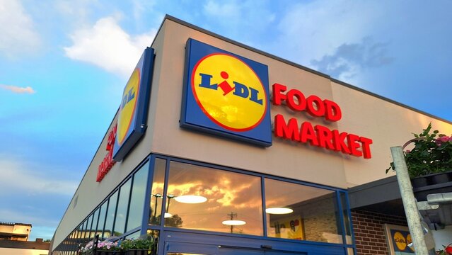 Lidl Food Market exterior at sunset in Charlotte, North Carolina.