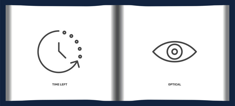 tools and utensils icon set with time left, optical signs in flat outline style. linear icons for ui, web and printing