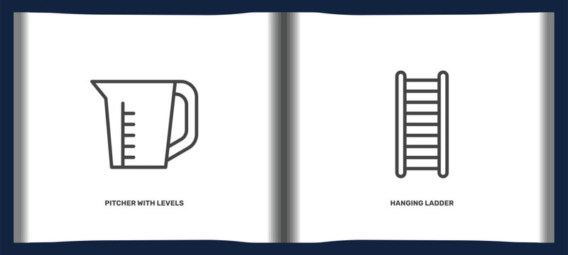 tools and utensils icon set with pitcher with levels, hanging ladder signs in flat outline style. linear icons for ui, web and printing