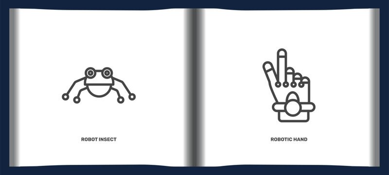 technology icon set with robot insect, robotic hand signs in flat outline style. linear icons for ui, web and printing