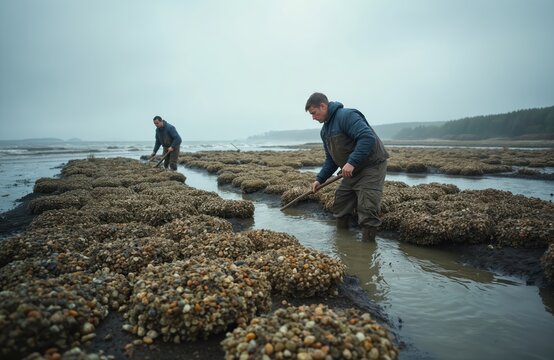 Two men work on oyster beds at low tide on a cloudy day. They use tools to tend to the bivalves growing in neat rows near the ocean. Farming seafood requires hard labor.