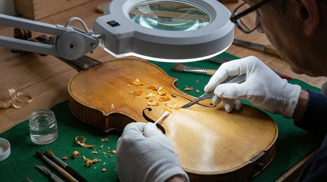 A skilled craftsman carefully repairs a violin body on a green workboard under a magnifying lamp.