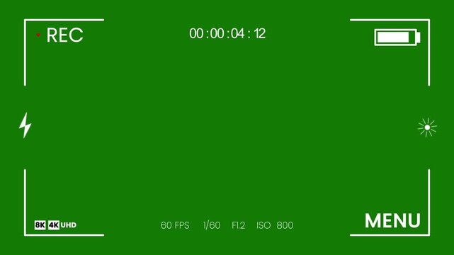 REC text camera recording icon blink animation, Video camera recorder screen overlay on a transparent background, DSLR camera frame viewfinder, camera viewfinder on green screen in UHD, 4K