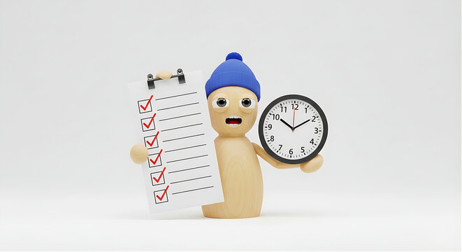 Time management checklist concept with 3D wooden figure wearing blue hat holding check boxes clipboard and wall clock with copy space for project productivity banner