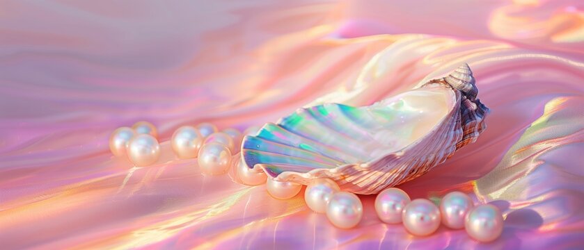 Whimsical seashell and pearls nestled in a dreamy pastel landscape