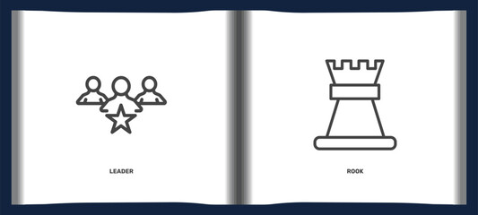 startup and strategy icon set with leader, rook signs in flat outline style. linear icons for ui, web and printing © Abstract