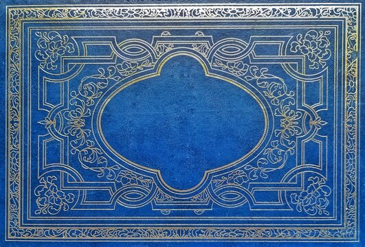 Capa vintage com arabescos e detalhes dourados para apresenta&ccedil;&atilde;o de slide, template antigo azul