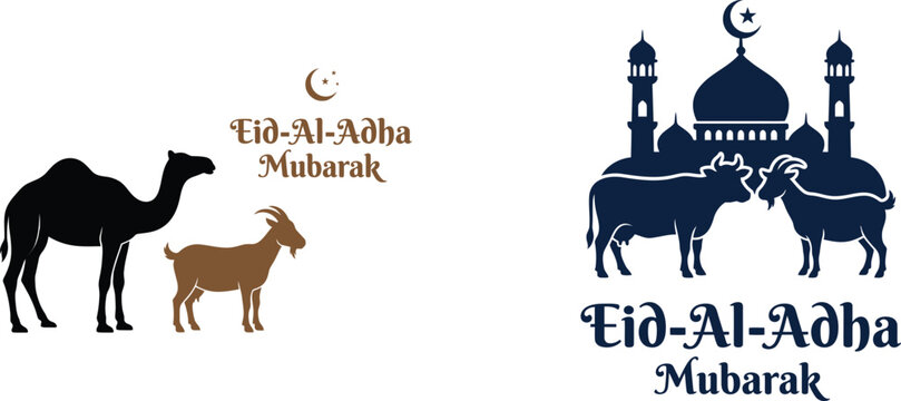 Eid al adha mubarak greeting with mosque and sacrificial animals