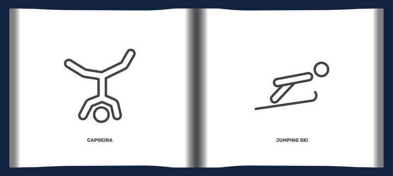 sport and games icon set with capoeira, jumping ski signs in flat outline style. linear icons for ui, web and printing