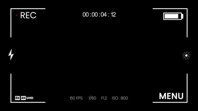 DSLR camera frame viewfinder, Recording camera recorder screen overlay, camera viewfinder, camera streaming recorder, rec text camera recording icon blink animation on black screen in UHD, 4K