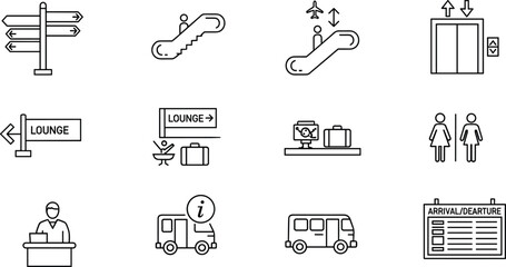 Airport Navigation and Facilities Icon Set Featuring Signs, Luggage, Elevators, Lounges, and Travel Services © Kulsum