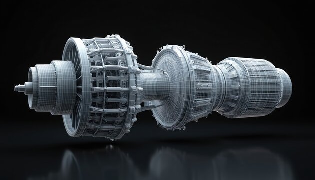 Wireframe model of jet engine isolated on black background. Futuristic design for aircraft propulsion. Advanced mechanical engineering concept.