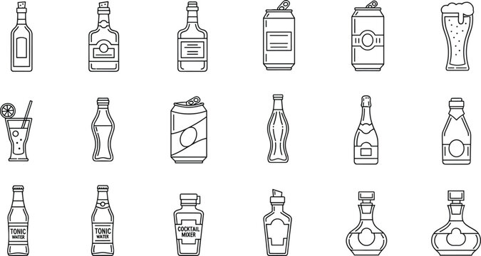 Beverage Bottles and Cans Icon Set Featuring Soft Drinks, Alcoholic Beverages, Cocktail Mixers, and Refreshments