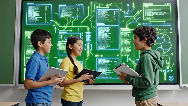 Children engage with interactive smartboard in modern classroom setting.