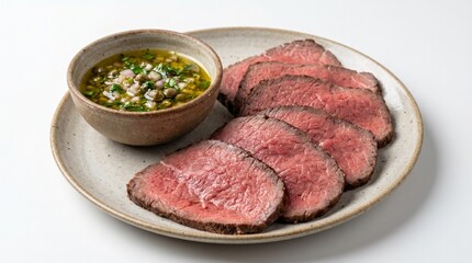 Fototapeta premium Sliced roast beef with sauce, a culinary delight for foodies. The dish on the plate Isolated on white background