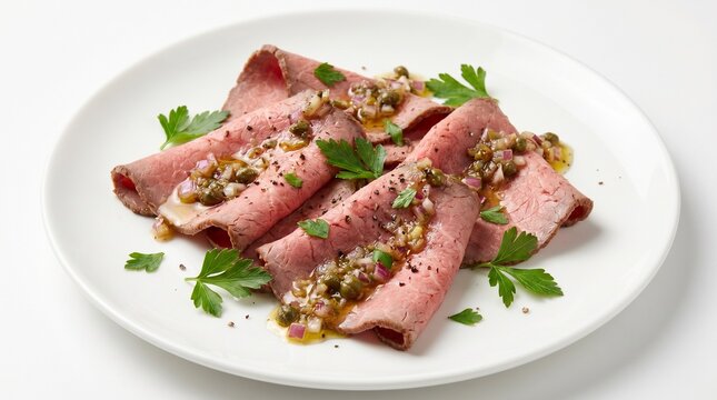 Sliced roast beef with caper sauce and parsley on white plate Isolated on white background