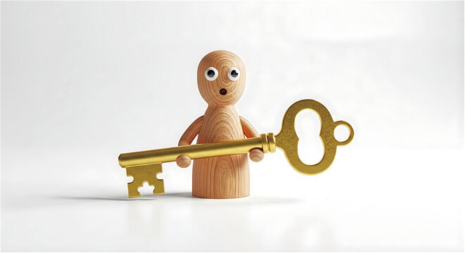 Surprise discovery and business unlock concept with shocked 3d wooden peg doll character holding large golden skeleton key with bright copy space for real estate agency web banner