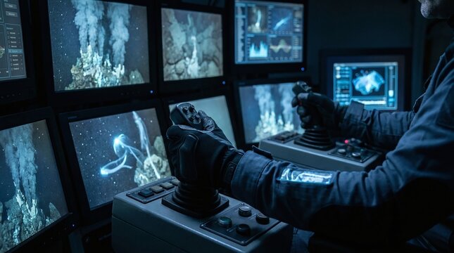 A person operates multiple computer screens displaying various underwater footage in a dark control room environment.