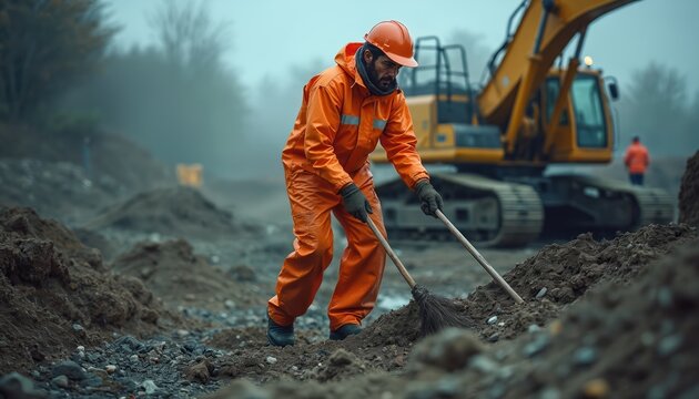 Worker in orange suit swepic debris on construction site. Excavator and fog in background. Man cleans dirt with broom. Safety gear and hard hat visible.