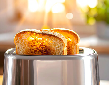 Primer plano de rebanadas de pan tost&aacute;ndose en una tostadora de acero