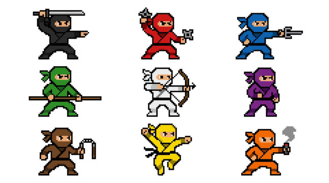 Nine colorful pixel art ninja characters, each with unique weapons and poses, perfect for retro gaming, martial arts themes, or digital warrior assets