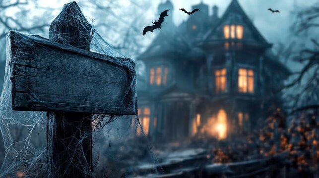 A spooky, abandoned house with a blank wooden sign in front of it, covered in cobwebs and with bats flying overhead.