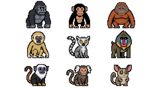 Pixelated primate collection showcasing various species, including gorillas, chimpanzees, orangutans, and lemurs, presented in a charming, retro video game art style, 