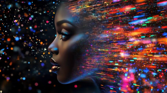 A close-up profile of a woman's face with colorful streaks of light exploding out from her head against a dark background with twinkling lights.