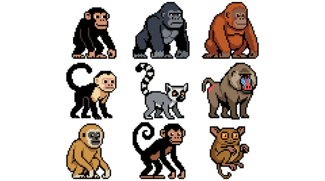 Charming Retro Pixelated Primate Character Set for Digital Design Explore Diverse Monkeys and Apes in Nostalgic 8-bit Art Style